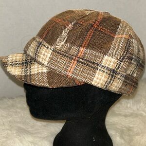 Retro Multicolored Plaid Newsboy Cabby Wool Blend Cap Hat Brown Orange White